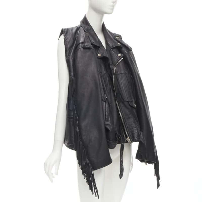 Balenciaga Fringed Biker Jacket Black Polyester Never worn - Model View