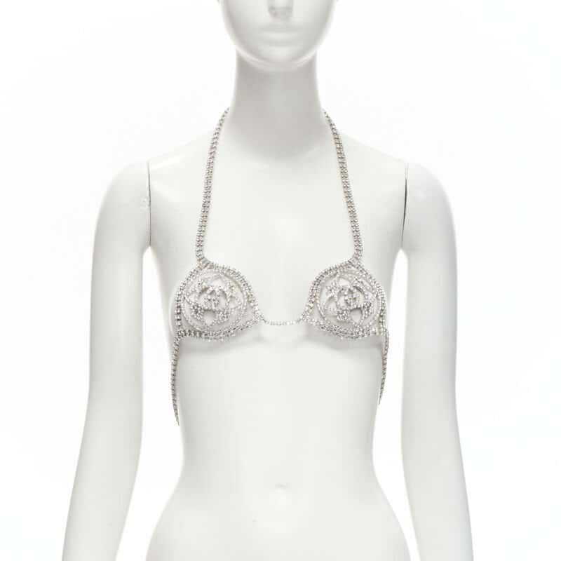 Gucci Rhinestone Showgirl Bra Silver Polyester Never worn - Front View