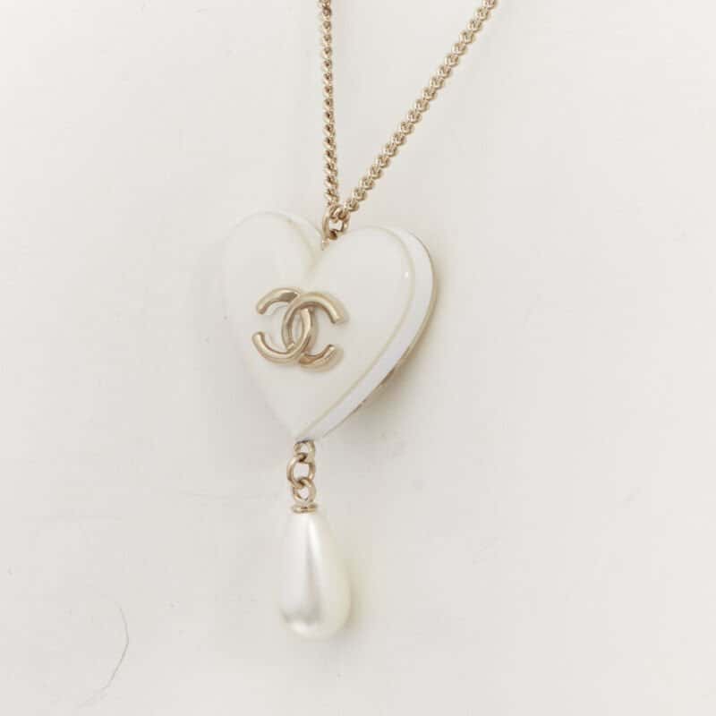 Chanel Heart Drop Necklace White Metal Never worn - Back View