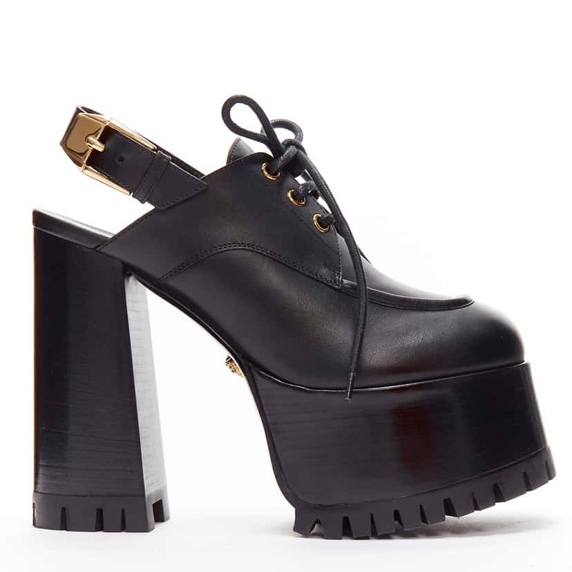 Versace Gold Buckle Platform Loafer Black Leather Never worn - Front View