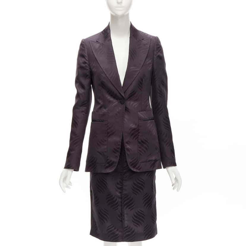 Gucci Black Jacquard Skirt Suit Purple Silk Very good condition - Front View