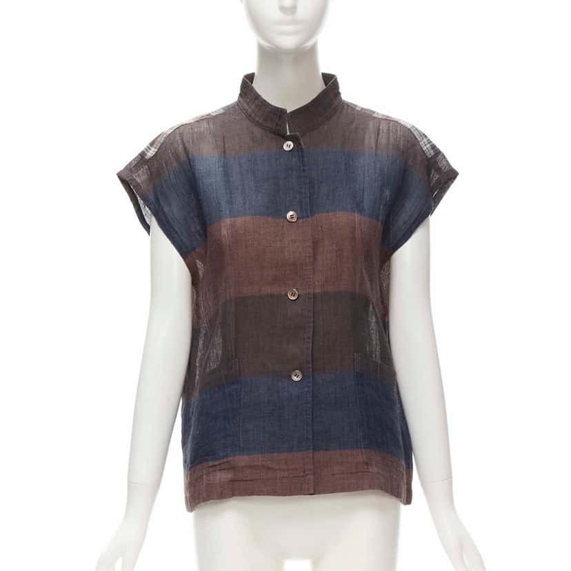 Issey Miyake Checked Patchwork Shirt Brown Linen Very good condition - Front View