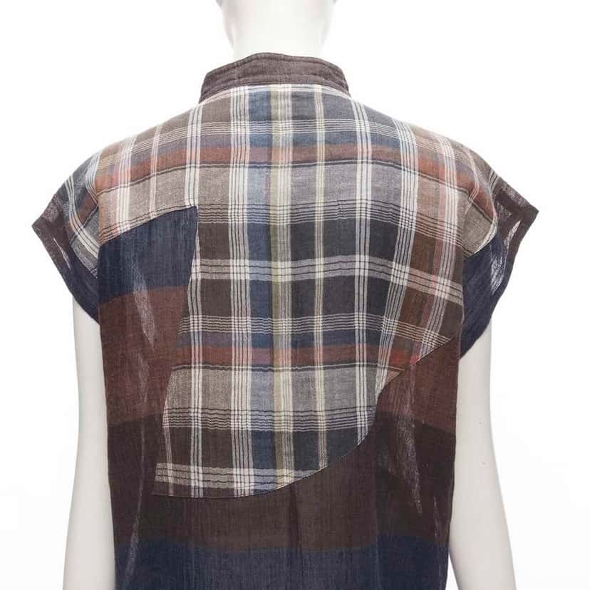Issey Miyake Checked Patchwork Shirt Brown Linen Very good condition - Back View