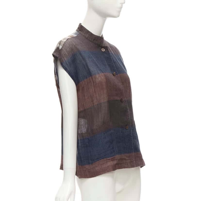 Issey Miyake Checked Patchwork Shirt Brown Linen Very good condition - Inside View