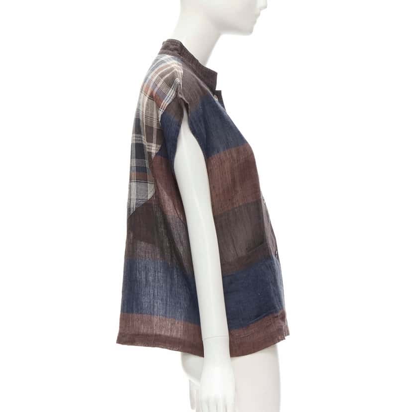 Issey Miyake Checked Patchwork Shirt Brown Linen Very good condition - Model View