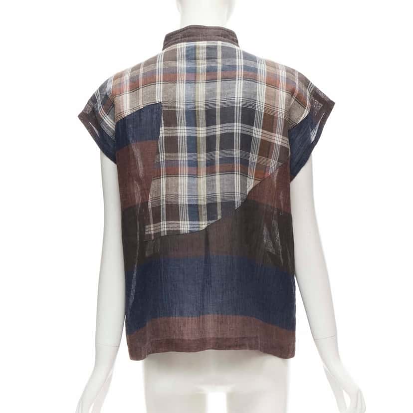 Issey Miyake Checked Patchwork Shirt Brown Linen Very good condition - Box View