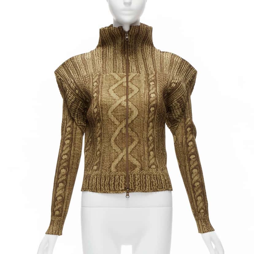 Pleats Please Cable Knit Jacket Brown Polyester Never worn - Front View