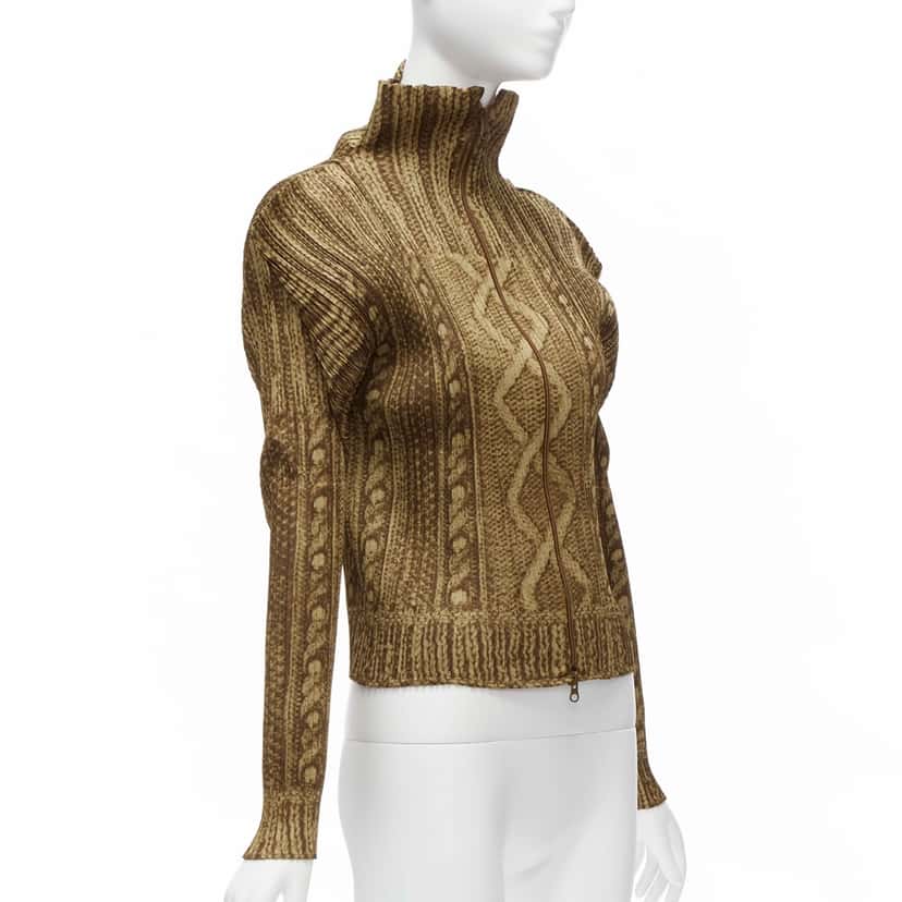 Pleats Please Cable Knit Jacket Brown Polyester Never worn - Model View