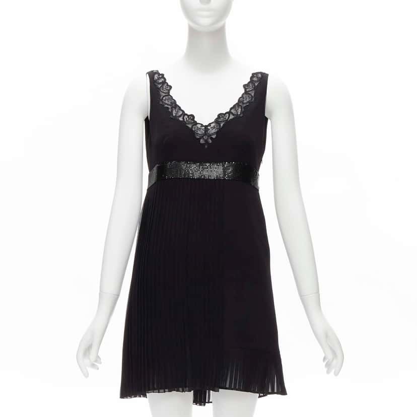 Versace Chainmail Trim Dress Black Silk Never worn - Front View