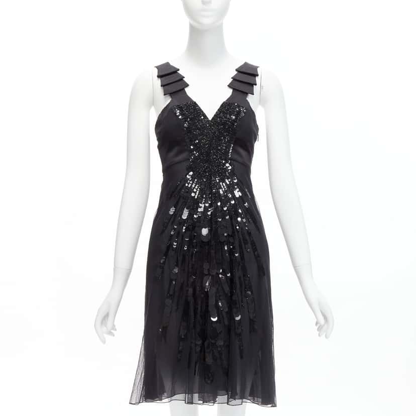 Versace Sequins Ruffle Dress Black Cotton Very good condition - Front View