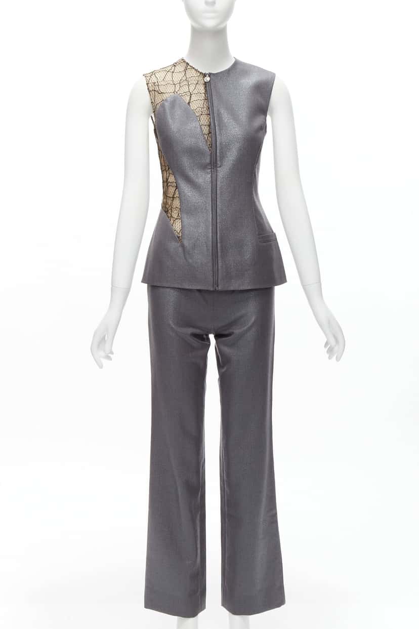 Gianni Versace Lace Vest Pants Grey Wool Never worn - Front View