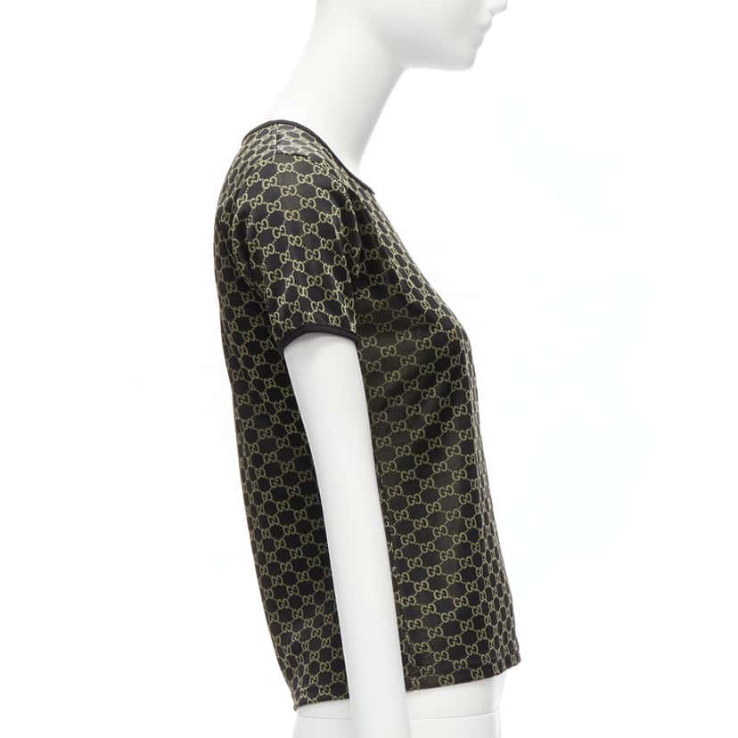 Gucci Monogram Ringer Top Gold Polyester Never worn - Model View