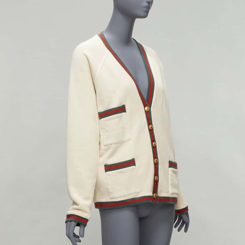 Gucci Green GG Cardigan Ecru Cotton Never worn - Model View