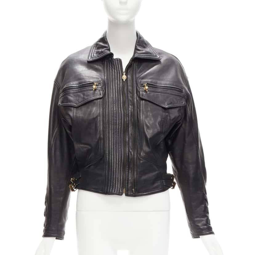Gianni Versace Bondage Buckle Bomber Black Leather Good condition - Front View