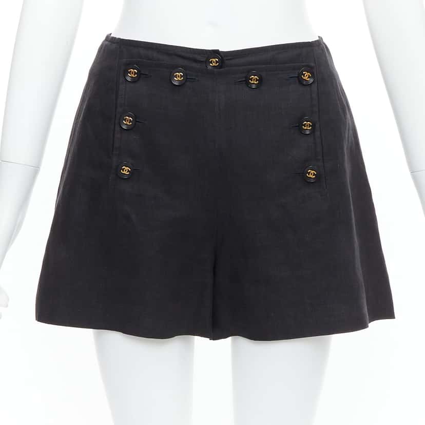 Chanel Gold Sailor Shorts Black Linen Never worn - Front View