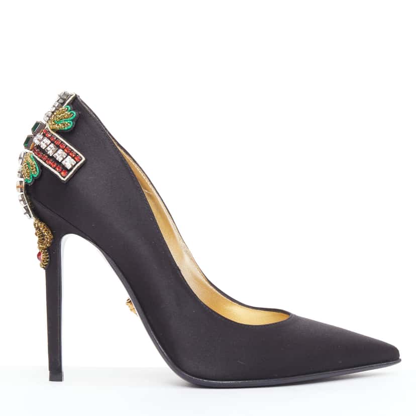 Versace Satin Cross Heels Black Silk Very good condition - Back View