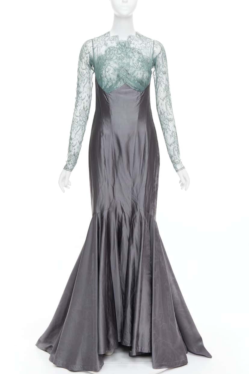 Guy Laroche Crossover Mermaid Gown Green Silk Fair condition - Front View