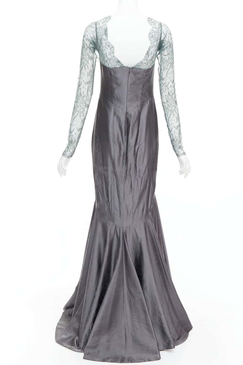Guy Laroche Crossover Mermaid Gown Green Silk Fair condition - Box View