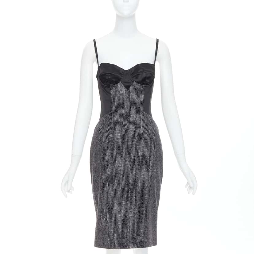 Dolce & Gabbana Herringbone Tweed Dress Black Wool Good condition - Front View