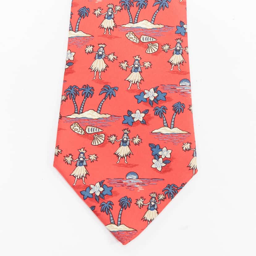 Hermès Hawaiian Hula Tie Red Silk Very good condition - Back View