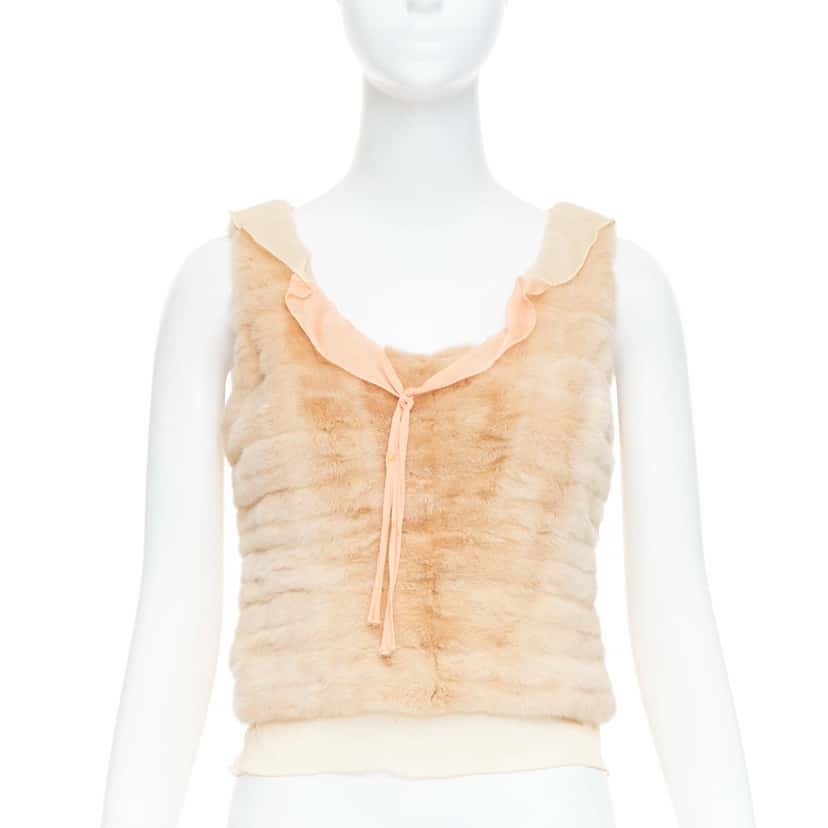 Prada Dyed Fur Satin Vest Ecru Silk Fair condition - Front View