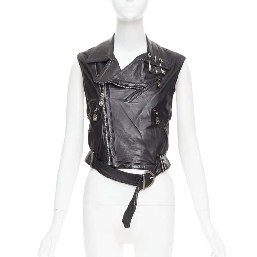 Gianni Versace Medusa Pin Vest Black Leather Good condition - Front View