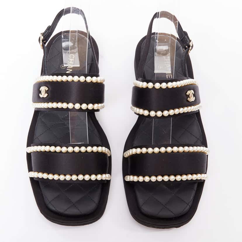 Chanel Pearl Dad Sandals Black Silk Very good condition - Back View