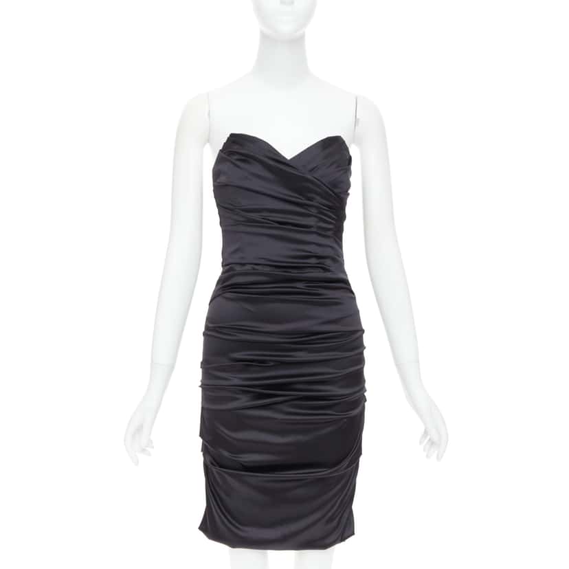 Dolce & Gabbana Ruched Cocktail Dress Black Silk Very good condition - Front View
