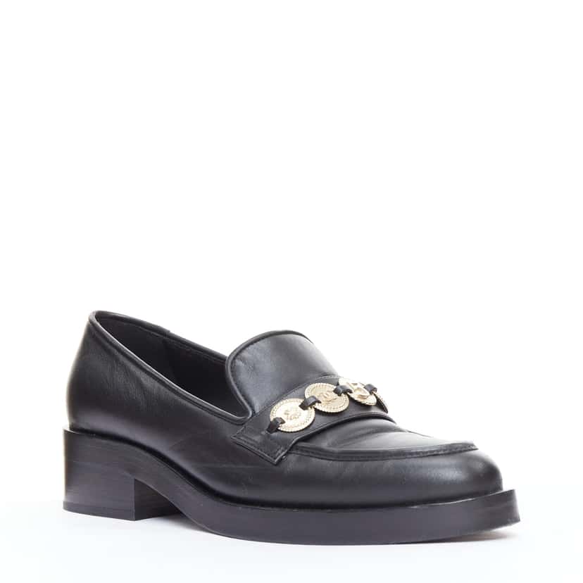 Chanel Coin Embellished Loafers Black Leather Good condition - Front View