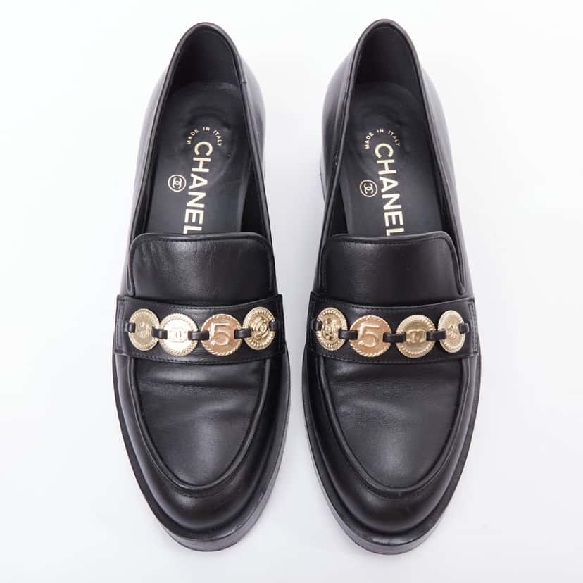 Chanel Coin Embellished Loafers Black Leather Good condition - Back View