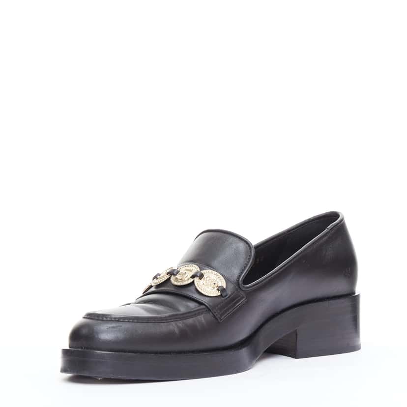 Chanel Coin Embellished Loafers Black Leather Good condition - Model View
