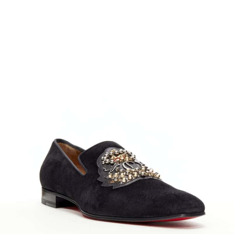 Christian Louboutin Studded Crest Loafers Black Suede Never worn - Front View
