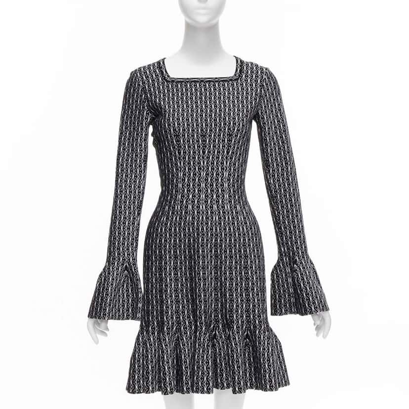 Alaïa Jacquard Flared Dress Black Wool Never worn, with tag - Front View