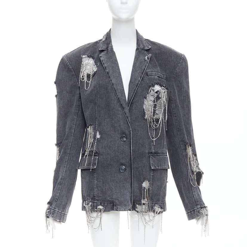 Unsigned Beaded Chain Blazer Grey Cotton Very good condition - Front View