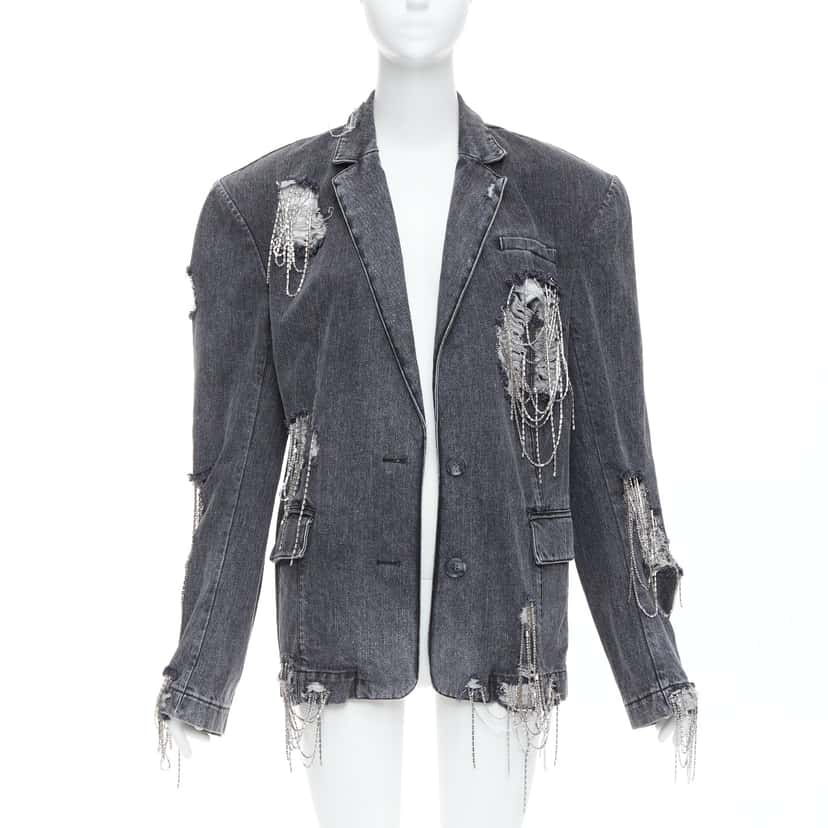 Unsigned Beaded Chain Blazer Grey Cotton Very good condition - Inside View