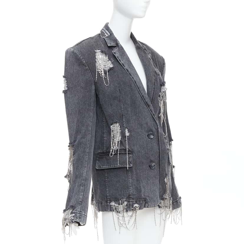 Unsigned Beaded Chain Blazer Grey Cotton Very good condition - Model View