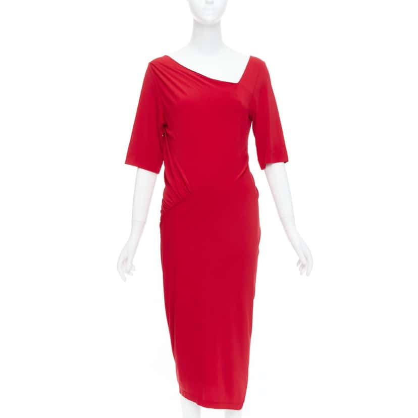 Donna Karan Tuck Draped Dress Red Viscose Never worn - Front View