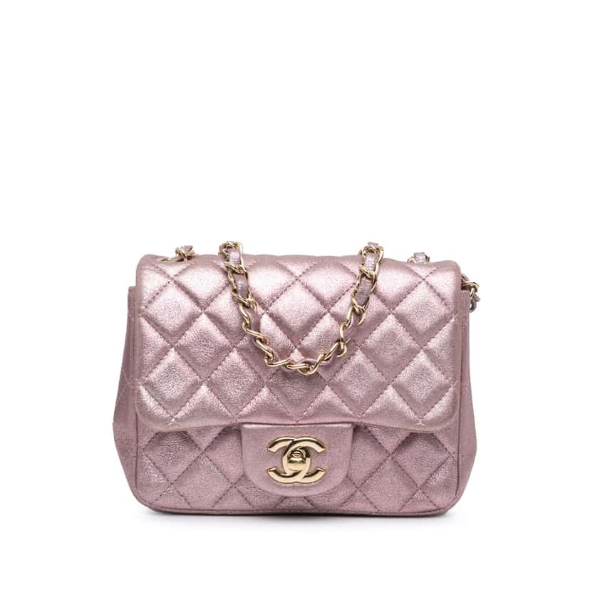 Chanel Mini Square Classic Metallic Calfskin Single Flap Pink Leather Good condition - Front View