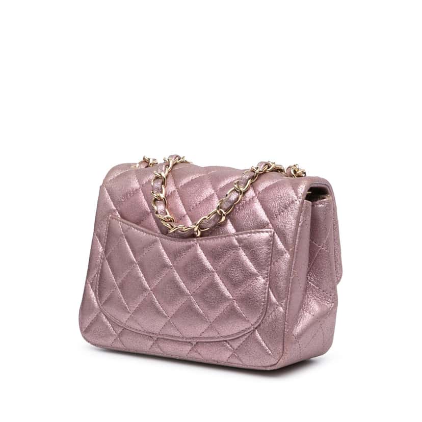 Chanel Mini Square Classic Metallic Calfskin Single Flap Pink Leather Good condition - Back View