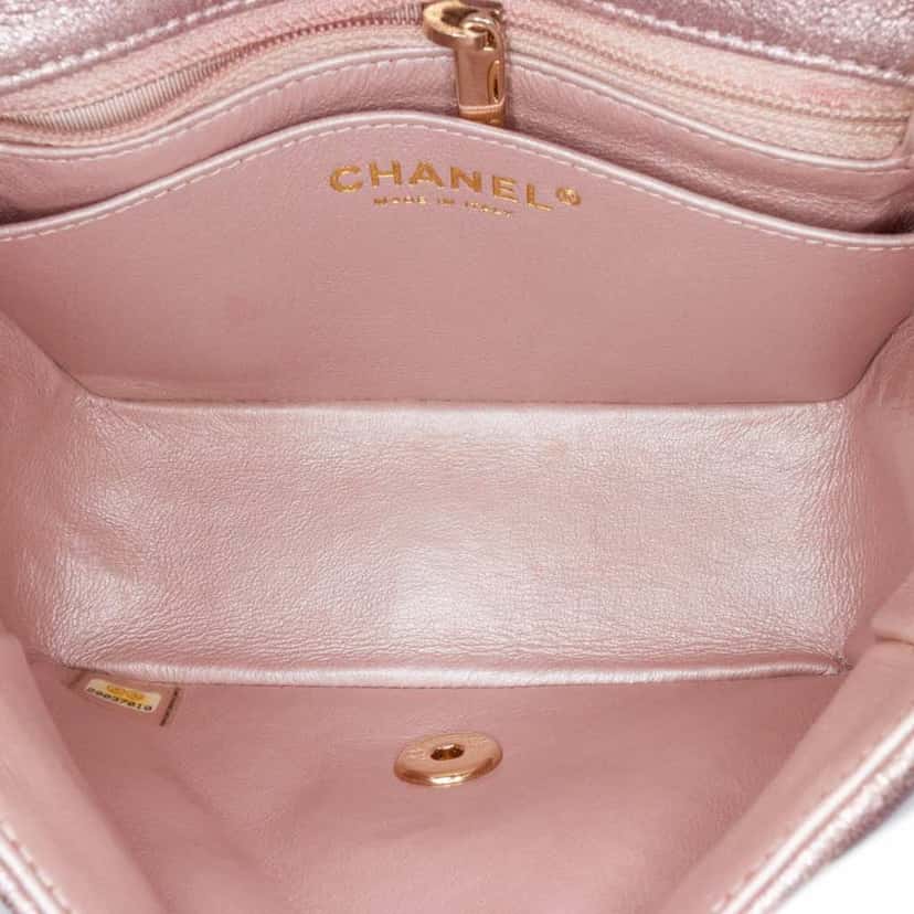 Chanel Mini Square Classic Metallic Calfskin Single Flap Pink Leather Good condition - Model View