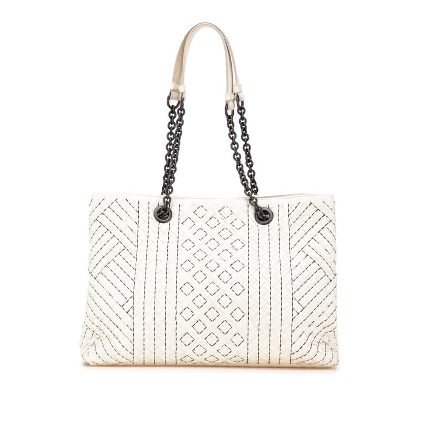 Bottega Veneta Medium Intrecciato Stitched Double Chain Tote White Leather Good condition - Front View