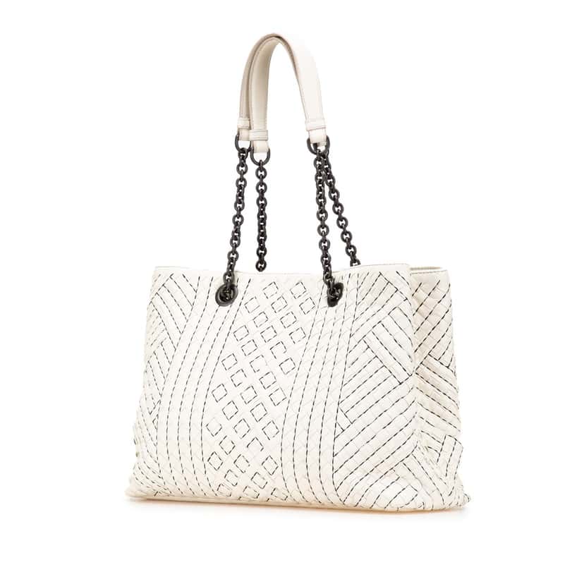 Bottega Veneta Medium Intrecciato Stitched Double Chain Tote White Leather Good condition - Back View