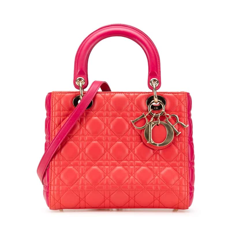Dior Medium Bicolor Lambskin Cannage Lady Dior Red Leather Good condition - Front View