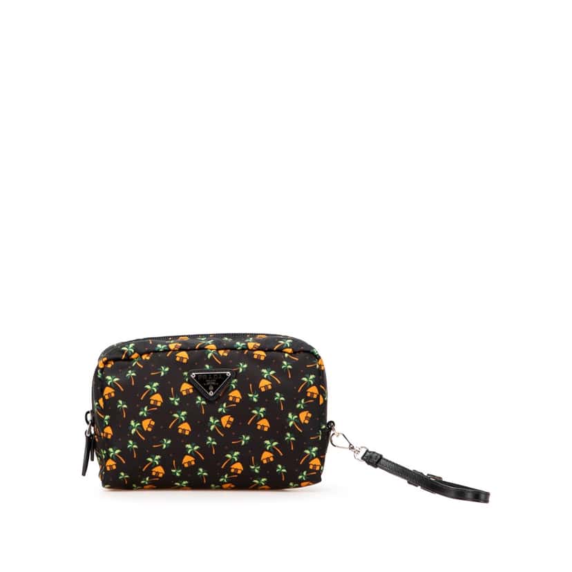 Prada Small Tessuto Saint Palm Cosmetic Pouch Black Very good condition - Front View