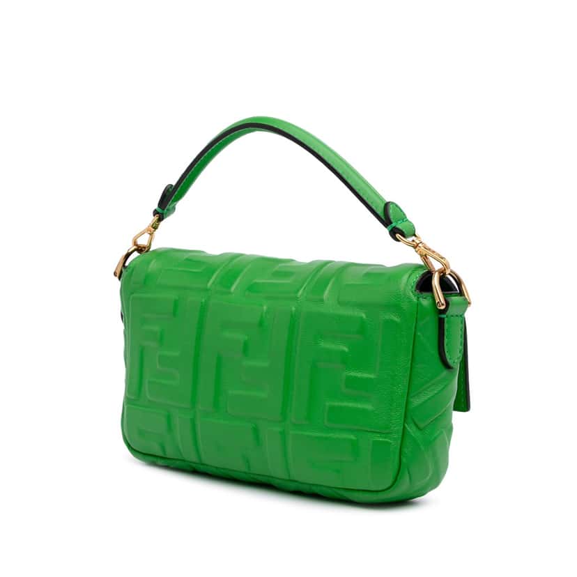 Fendi Mini Zucca Embossed Leather Baguette Satchel Green Leather Good condition - Back View
