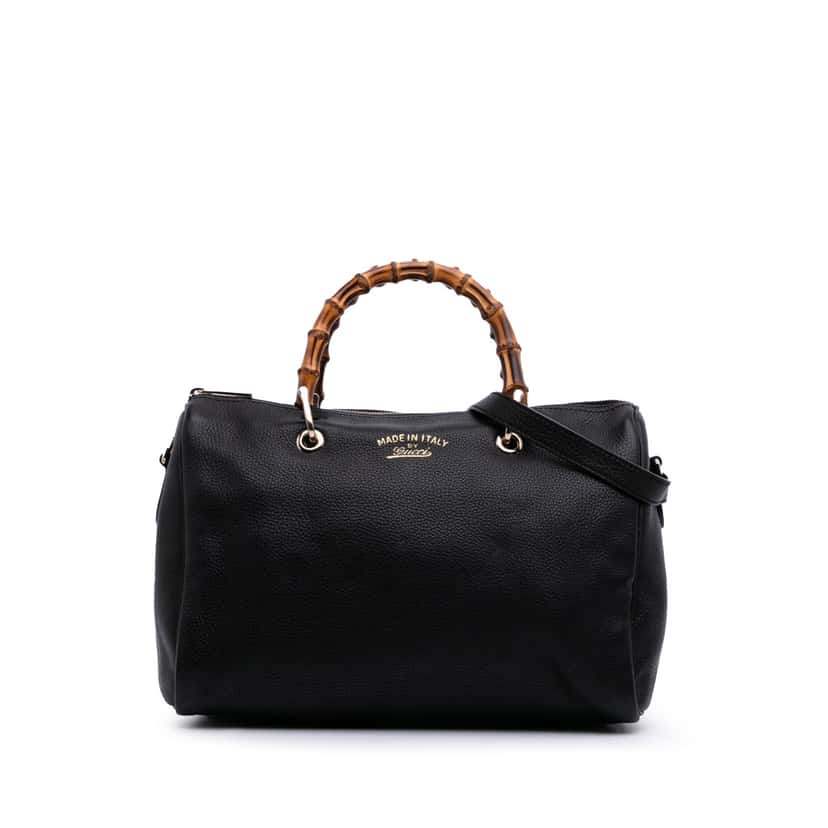 Gucci Medium Calfskin Bamboo Shopper Boston Bag Black Leather Good condition - Front View