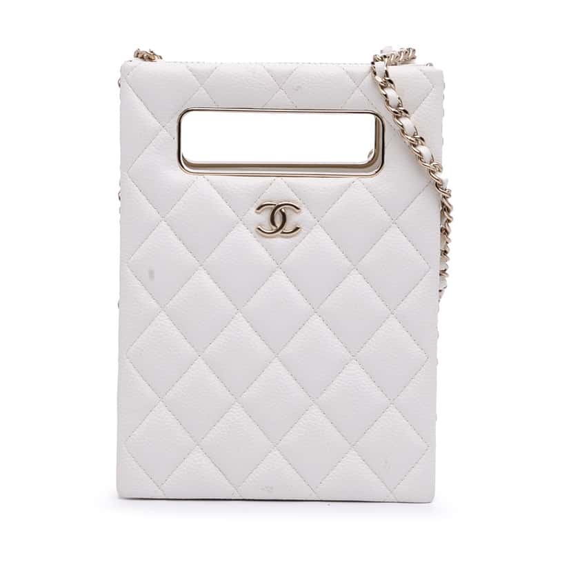 Chanel Mini Quilted Caviar Cut Out Evening Tote White Leather Good condition - Front View