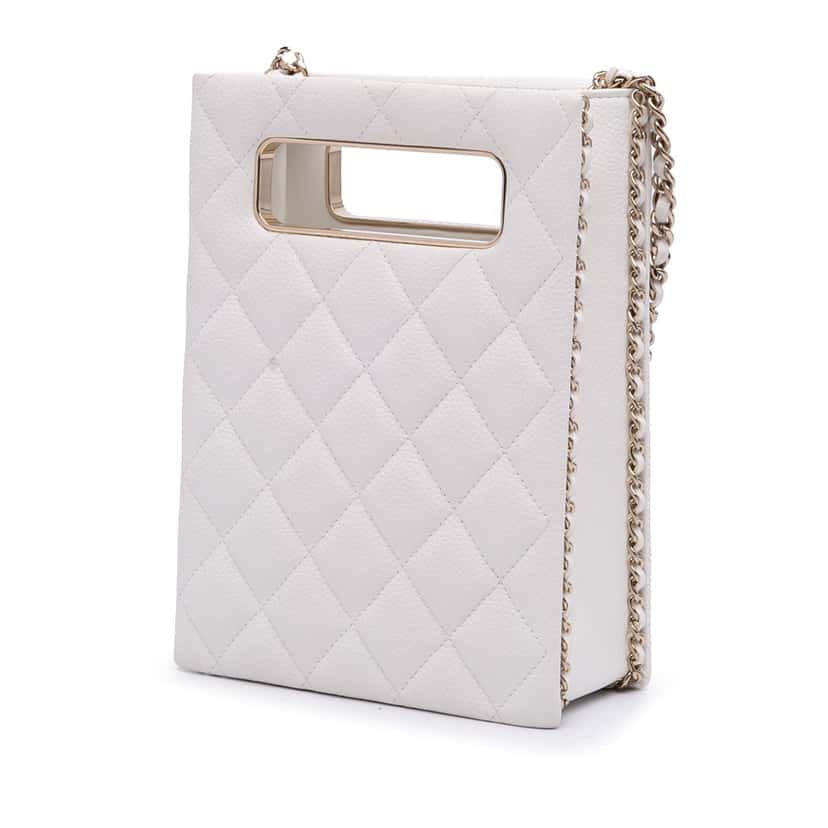 Chanel Mini Quilted Caviar Cut Out Evening Tote White Leather Good condition - Back View