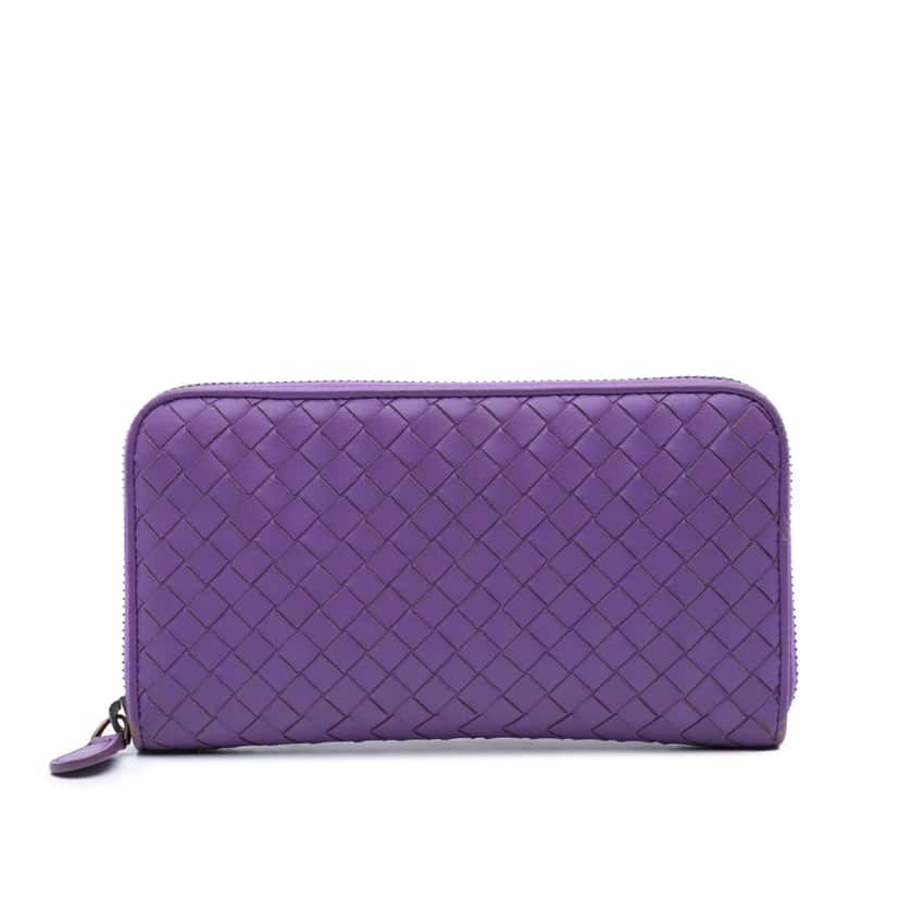Bottega Veneta Leather Intrecciato Zip Around Wallet Purple Leather Good condition - Front View