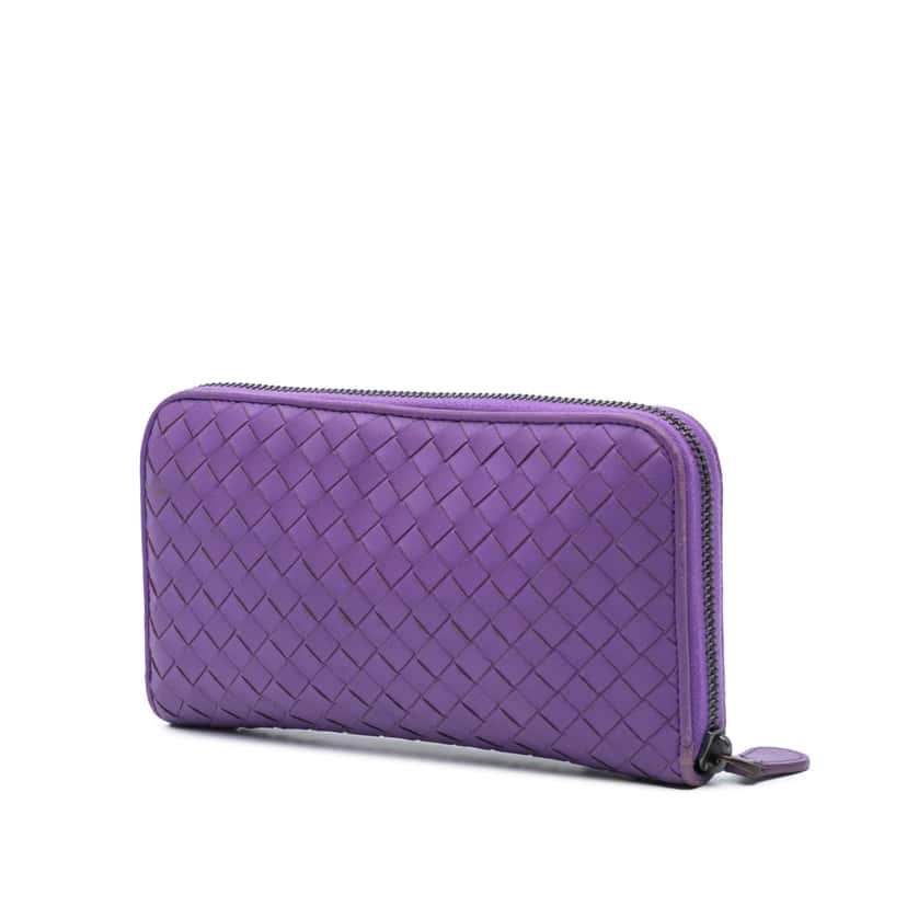 Bottega Veneta Leather Intrecciato Zip Around Wallet Purple Leather Good condition - Back View
